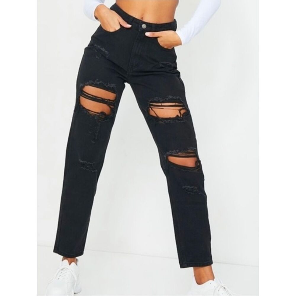 Pretty Little Thing Black Distressed Slim Mom Jeans